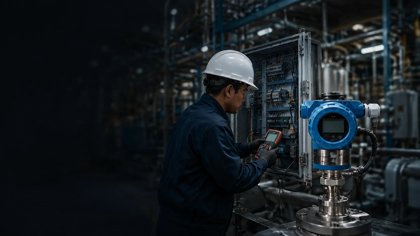 Automation technician testing an industrial control cabinet beside a blue pressure transmitter
